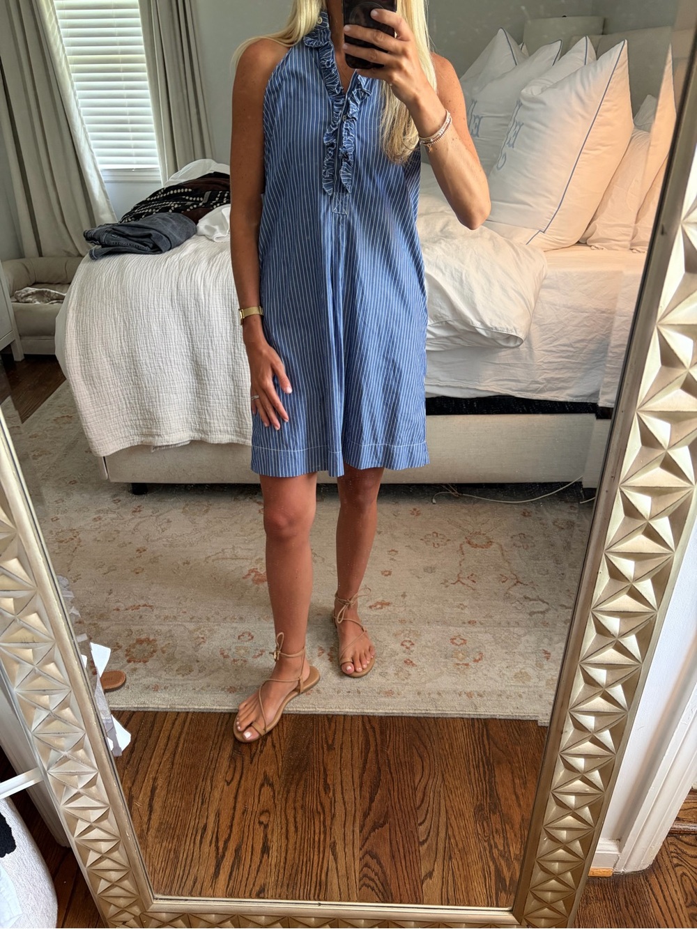 Nili Lotan Blue and White Striped Ruffle Button Dress